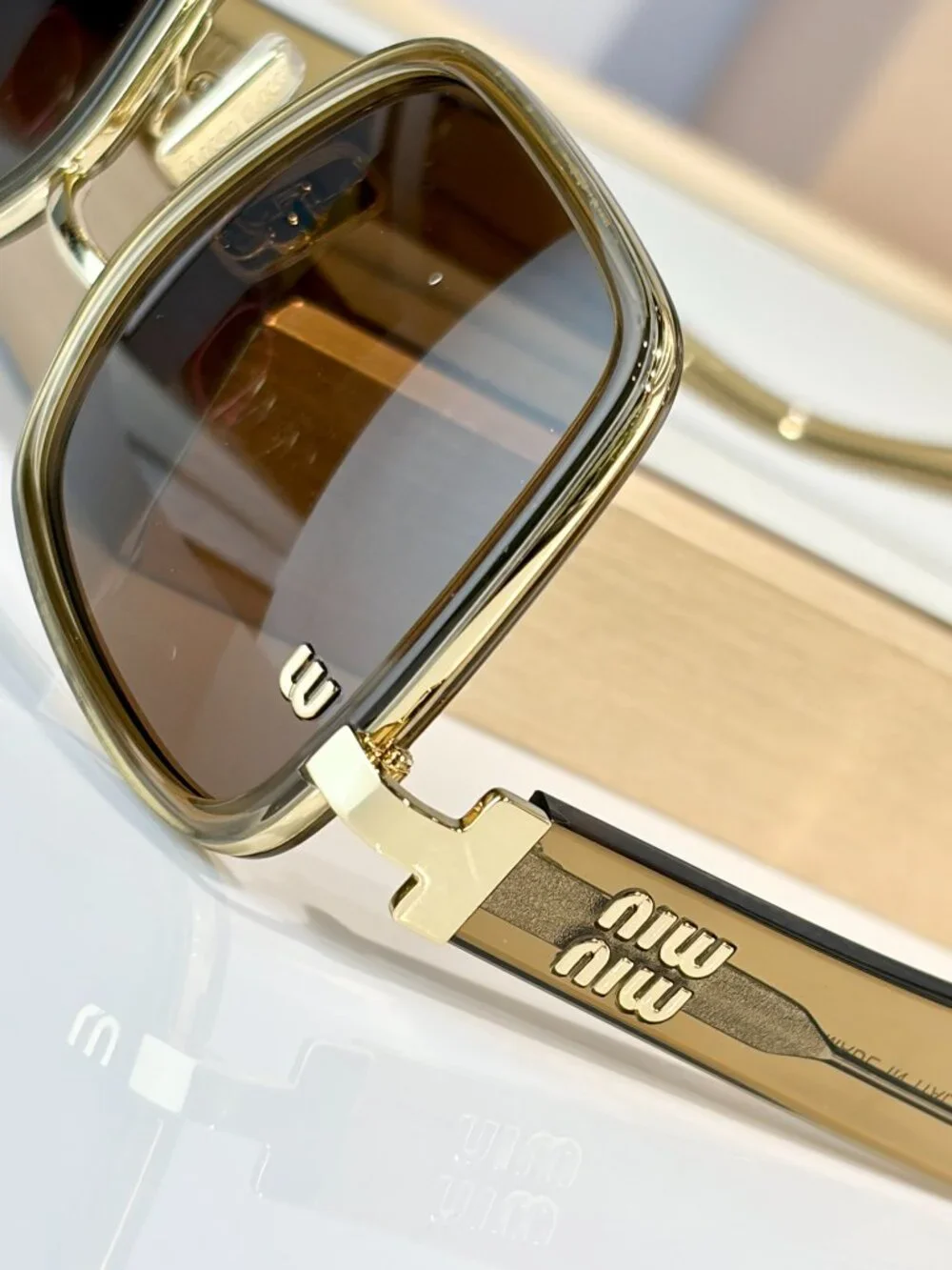 Miu Miu Oversized Square Sunglasses Brown Lenses Gold Olive Frame Women’s